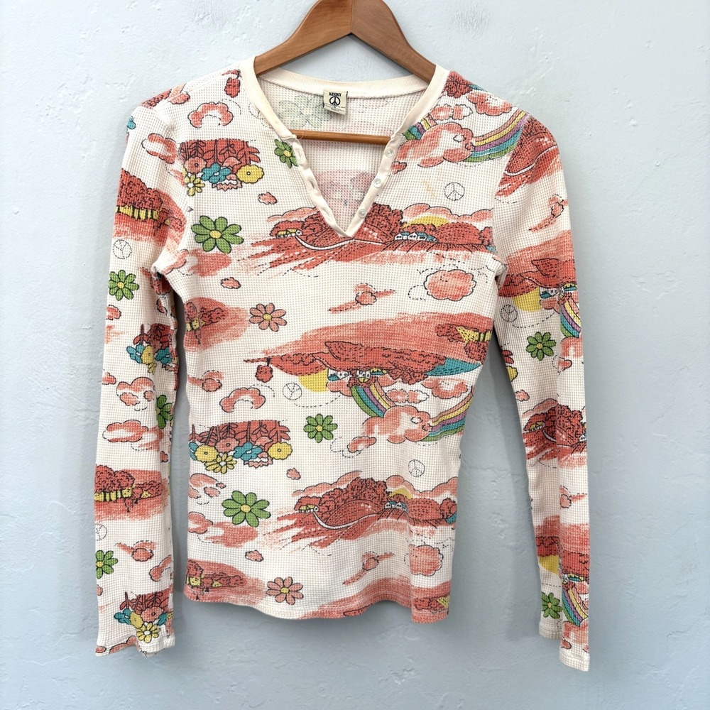 Lucky Brand Thermal Waffle Knit Top Women Size Medium Rainbow Henley Y2K FLAW